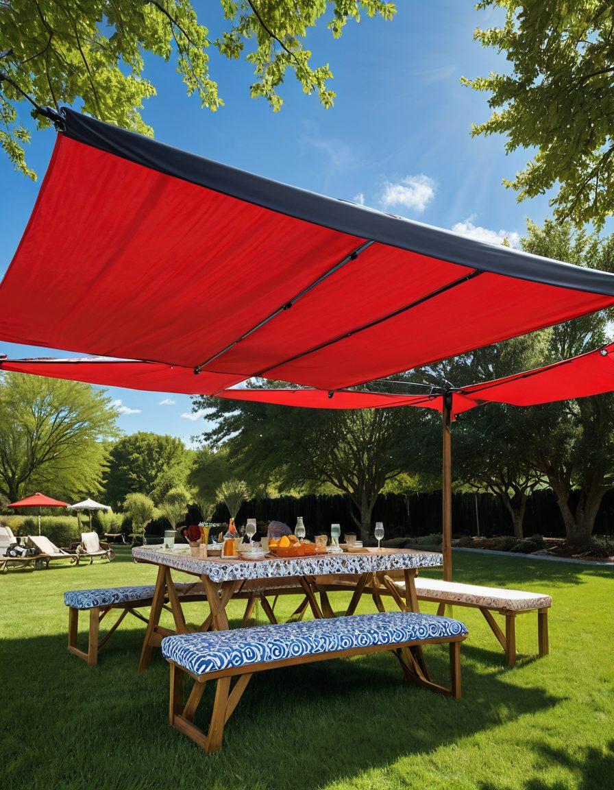 A well-lit outdoor scene featuring various durable canopies showcasing different colors and designs, with labels highlighting UV and weather protection features. The background includes a sunny sky with a few clouds and scattered trees, depicting various weather conditions. People are gathered under canopies enjoying a picnic. Emphasize the texture and quality of the fabric on the canopies. super-realistic. vibrant colors. natural setting.