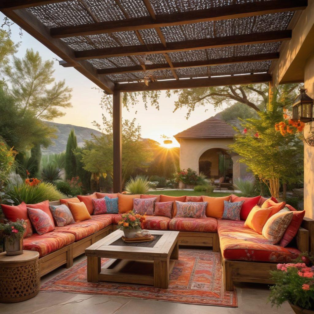 A beautifully designed outdoor living space featuring a variety of stylish and functional canopies in different colors and patterns, elegantly draped over a cozy seating area with plush cushions and a wooden table. Soft ambient lighting illuminates the scene as greenery and colorful flowers create a vibrant atmosphere, inviting relaxation and social gatherings. Include a backdrop of a stunning sunset to enhance the warmth and tranquility of the space. super-realistic. vibrant colors. natural setting.