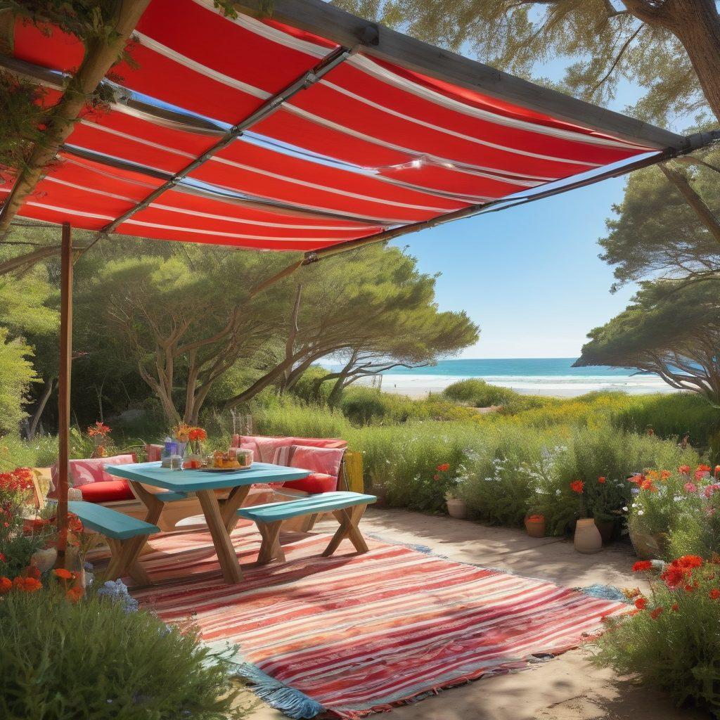 A serene outdoor scene with various types of stylish canopies providing shade in different settings: a backyard BBQ, a beach picnic, and a camping site. Include people enjoying each space, vibrant flowers and greenery surrounding the canopies, and a bright blue sky to evoke a feeling of relaxation and joy. Emphasize the diversity of canopy styles and colors to represent multiple solutions. super-realistic. vibrant colors. natural setting.